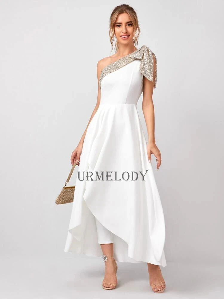 Moda um ombro nupcial macacão branco