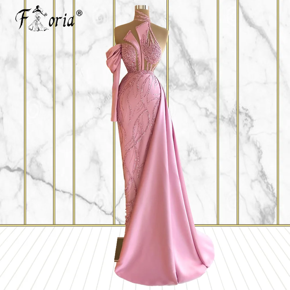 

Pink Luxurious Beaded African Evening Dresses Mermaid Single Sleeve Prom Dresses Satin Formal Party Pageant Gown Robe Formales