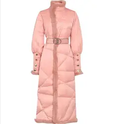 Elegant Pink Long Warm Winter Down Jacket Women Fashion stand collar Down Coat Parka Office Lady