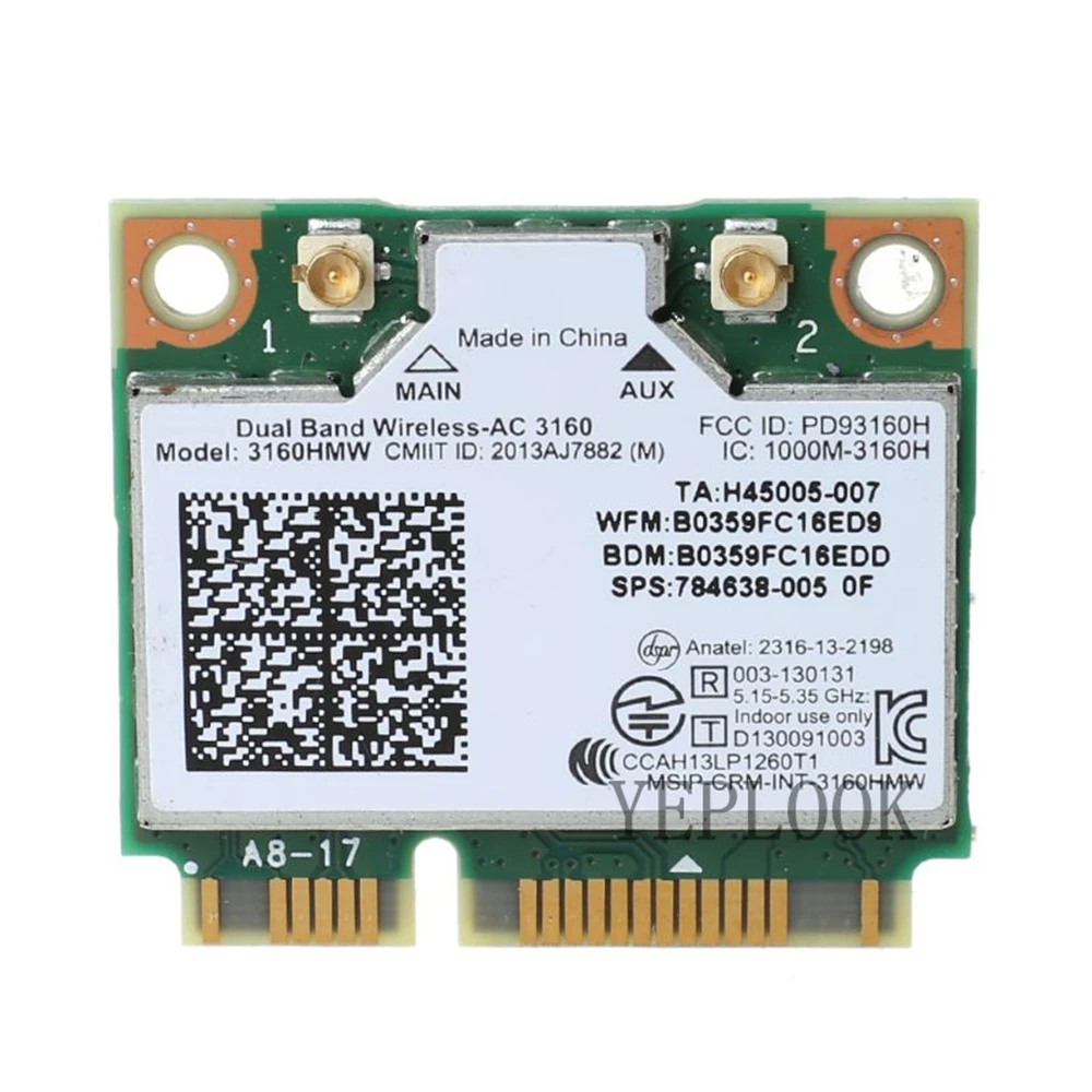 Original Intel Wifi Card AC3160 3160HMW 3160AC 433Mbps Dual Band 2.4Ghz & 5Ghz Bluetooth 4.0 Mini PCIe Wireless Card 802.11ac