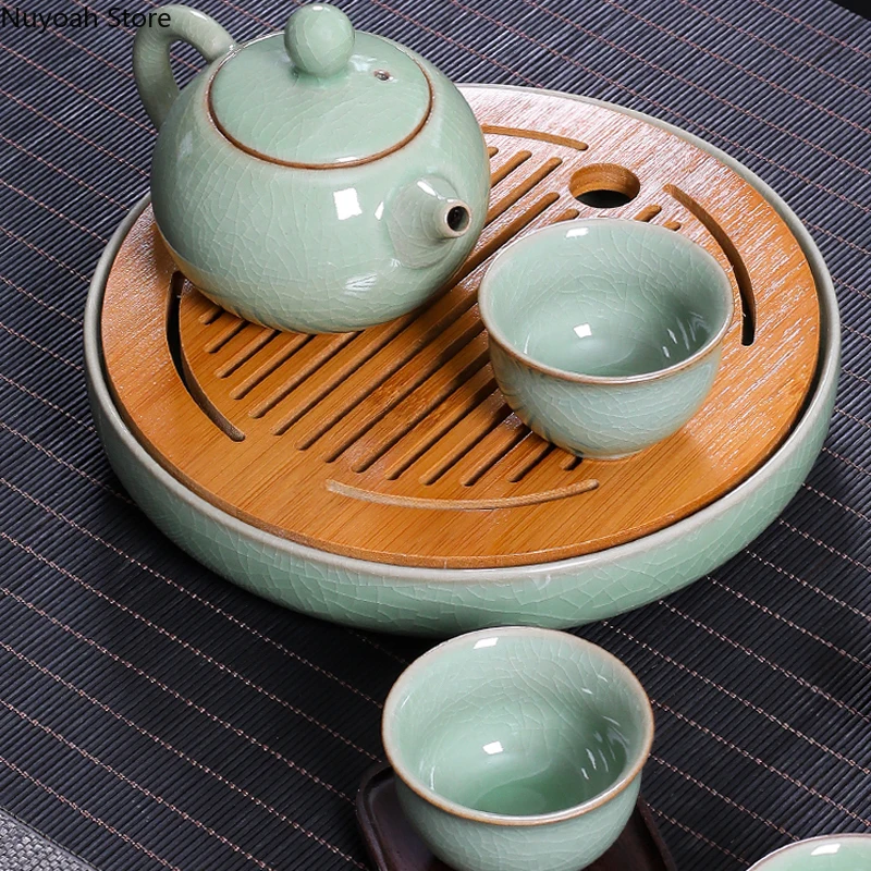 Ceramic Round Tea Tray Household Living Room Bamboo Noodle Saving Water Dry Brewing Table Kung Fu Tea Set Celadon Tea Table Tray