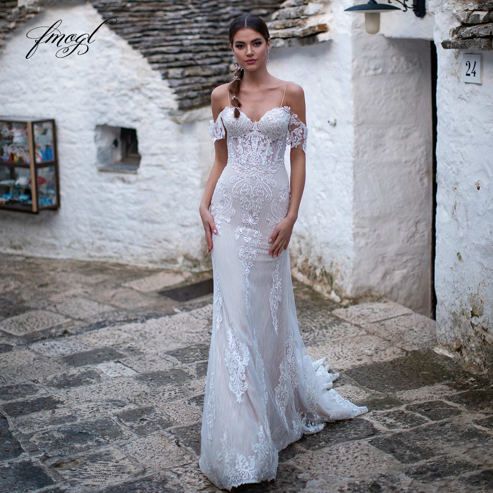 

Fmogl Sexy Backless Sweetheart Lace Mermaid Wedding Dress Luxury Spaghetti Straps Appliques Sweep Train Trumpet Bride Gown