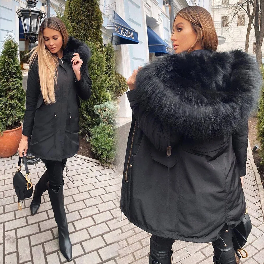 Maomaokong 2024 New Natural Fur Lining Real Fur Coat Winter Jacket Women Raccoon Fur Collar Warm Thick Parkas Female Clothing