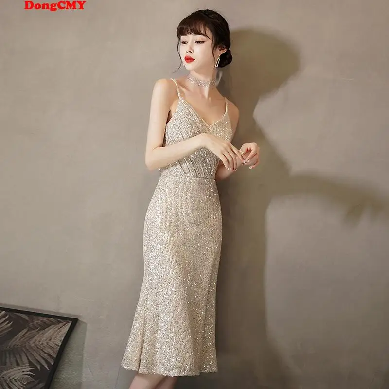 

New Short Sliver Color Prom Dress DongCMY Sequin Elegant Formal Occasion Robes Soirees Mermaid Strap Party Gown