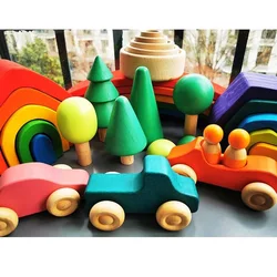 Décennie s à empiler arc-en-ciel Montessori, jouets en bois non peints, construction d'arbre en bois, empilage de voiture, sites constants iques, vague de mer