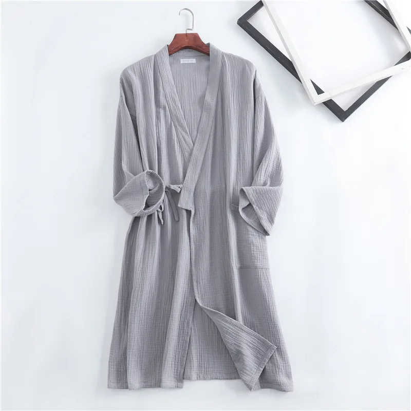 Couples Crepe Gauze Bathrobe Solid 100% Cotton Robe Long-sleeved V-neck Kimono Wedding Robes Sleepwear Plus Size Dressing Gown