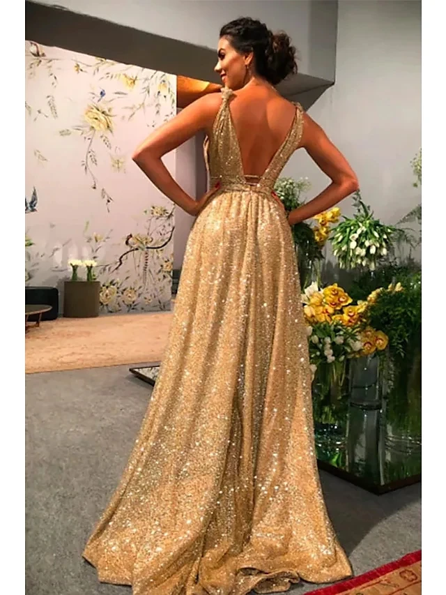 Gaun Formal Malam Payet Mewah Gaun Pesta Prom Emas Tali Spaghetti V-neck Gaun Pesta Seksi Vestidos Fiesta Robe De Soiree