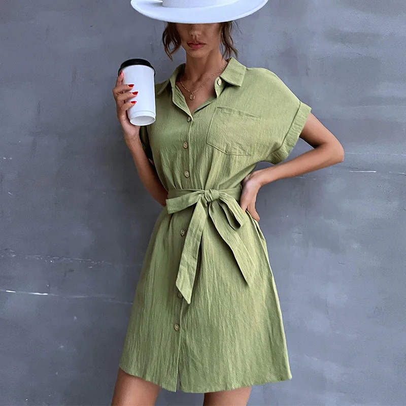 

Dress For New Year 2022 Casual Women Dresses Vintage Button Army Green Spring Dress Lapel Belt Mini Female Dress Women's Clothes