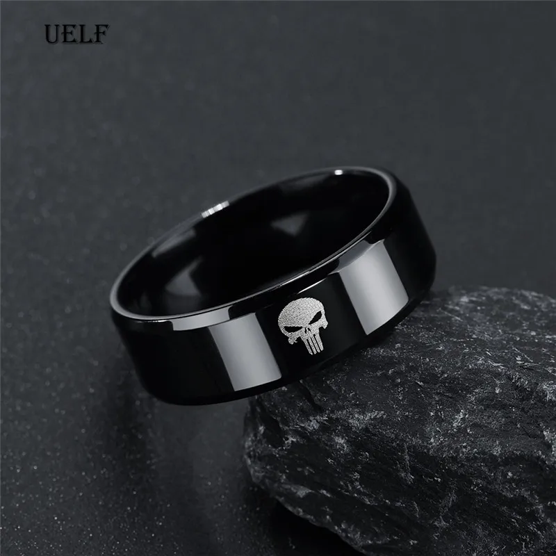 Uelf titanium stainless steel rings for men skull  male finger  vintage ring black punk jewelry