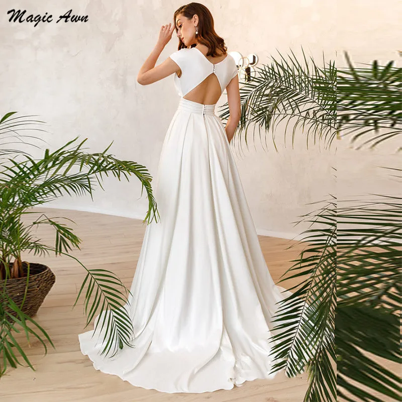 Magic awn-vestido de cetim, traje feminino, simples, com decote em v, fenda lateral, boho, casamento, linha a, país, barato