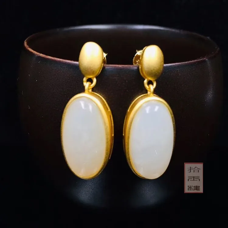 Natural hetian white jade pendant earring with gold 925 sterling silver jade pendant necklace earring sterling silver set