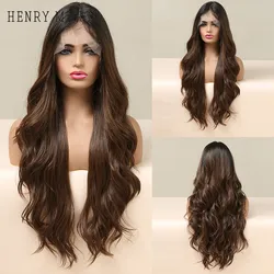 HENRY MARGU Synthetic Lace Wigs Ombre Black Brown Colored Long Natural Wave Hair Wig for Women Heat Resistant Middle Part Daily