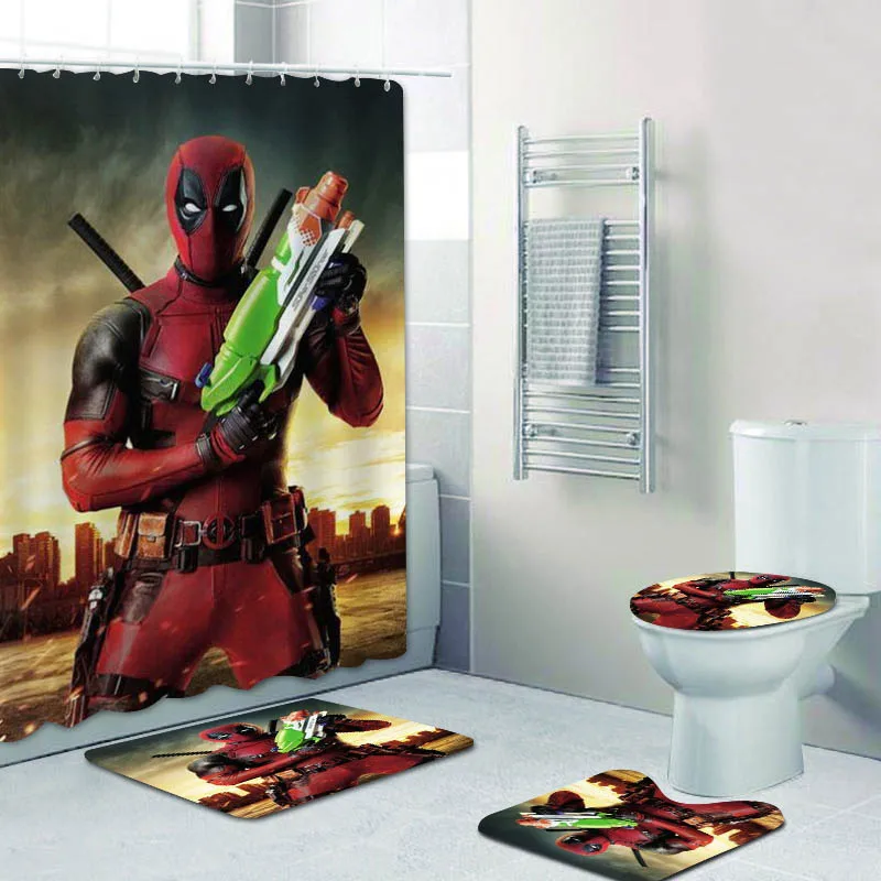 Novelty Deadpool with Water Squirter Bath Curtains for Bathroom Shower Curtain Funny Comic Hero Kid Bathtub Mats Rugs Home Decor