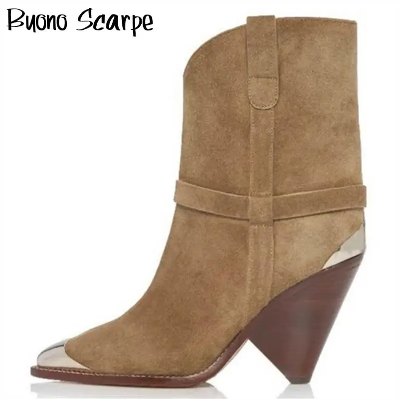 

Metal Toe High Heel Women Boots Genuine Leather Short Ankle Boots Suede Leather Pointed Toe Heels Shoes Ladies Matin Boots 2020