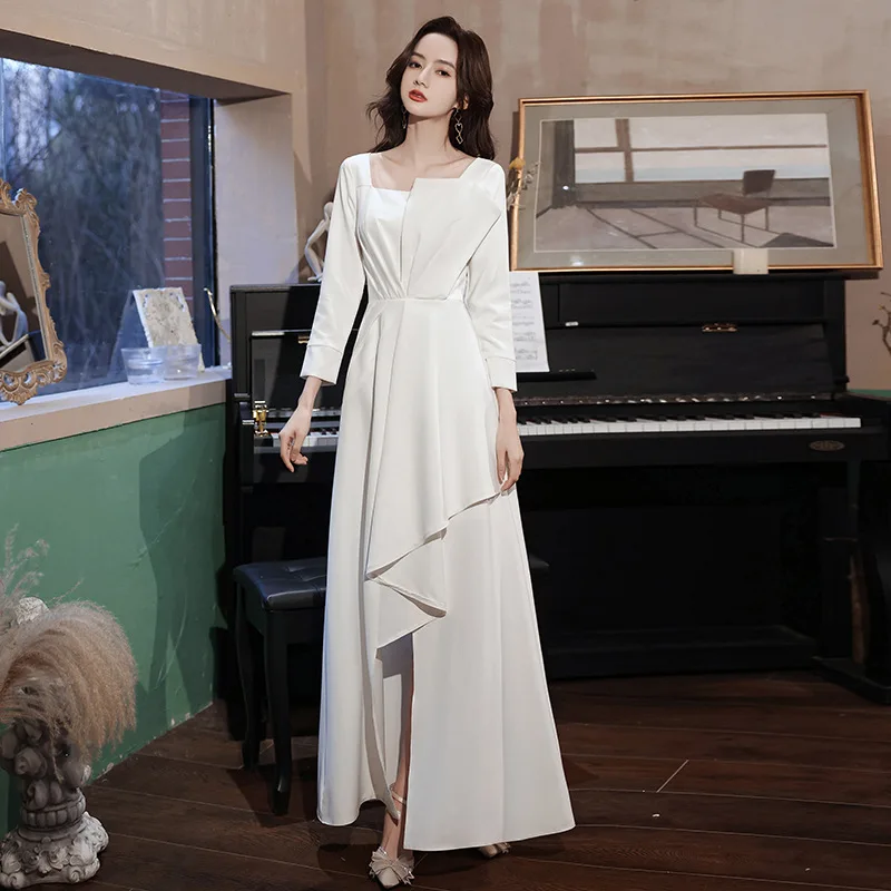 

Size Formal Long Evening Dresses Women Elegant White Square Neck Long Sleeve Party Gown Robe De Soiree