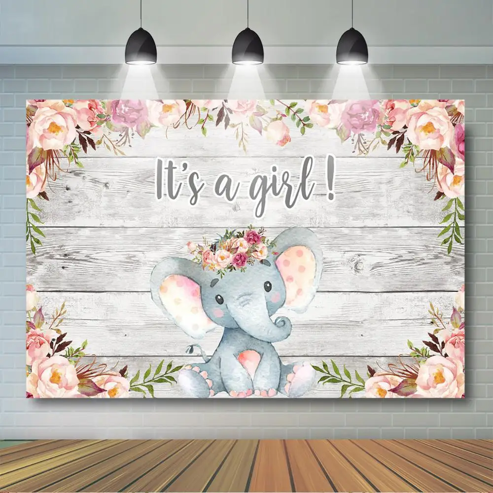 

Elephant Backdrop Girl Elephant Floral Rustic Background It's a Girl Baby Shower Party Decoration Supplies