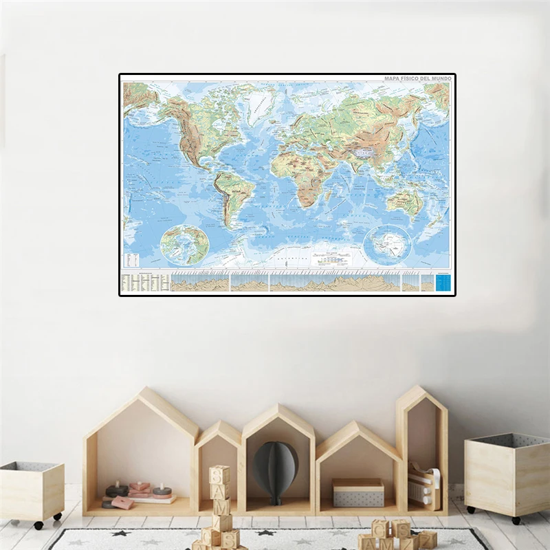 59*42 cm De Wereld Orografische Kaart In Spaans Kleine Poster Canvas Schilderij Wall Art Foto Woonkamer Home decoratie