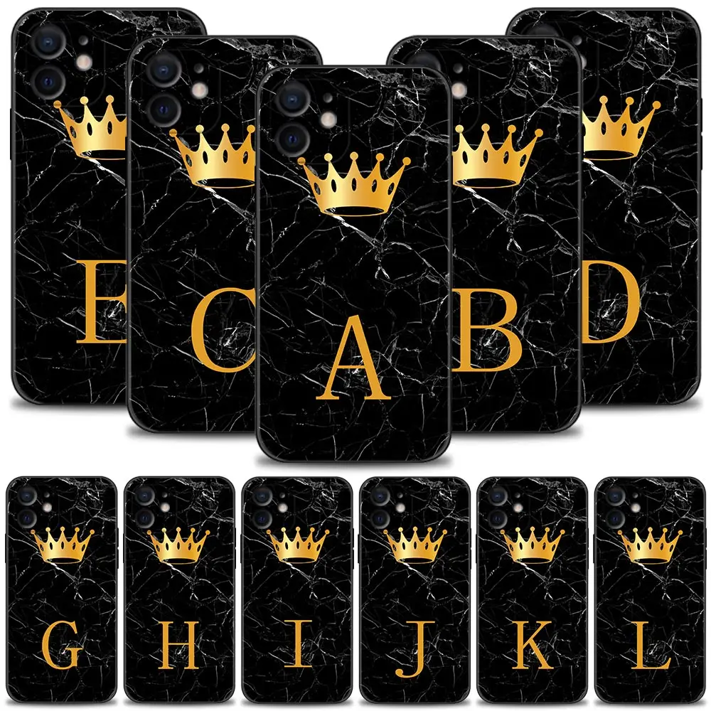 Gold Crown Letter Queen Phone Case For iPhone 15 14 13 12 11 Pro Max XS Max XR X 7 8 Plus 12 Mini Silicone Black Shell