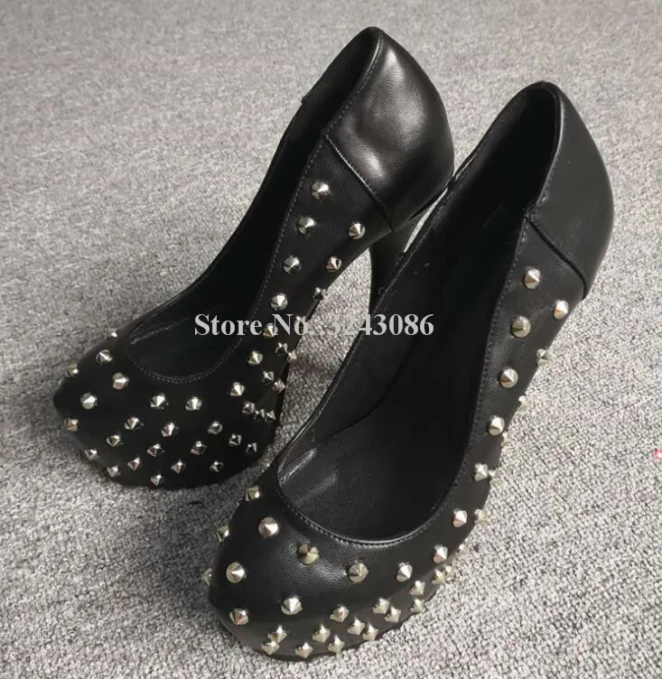 New Black Leather Rivets Platform Shoes Women Sexy Slip-on Stiletto Heel Pumps Lady Studded High Heels Dress Shoes Real Photos