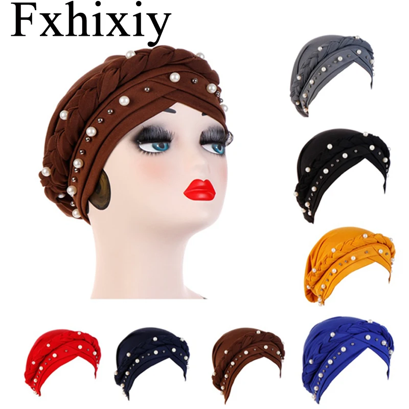 

New Women Cross Silk Braid Pearl Bead Turban Hat Cancer Chemo Chemotherapy Cap Hijab Headwear Head Wrap Hair Accessories