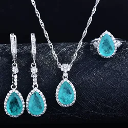 Silver Color Blue Tourmaline Necklace+Earrings+Ring Sets For Women White Gold Plated Water Drop Wedding Party Jewelry Set