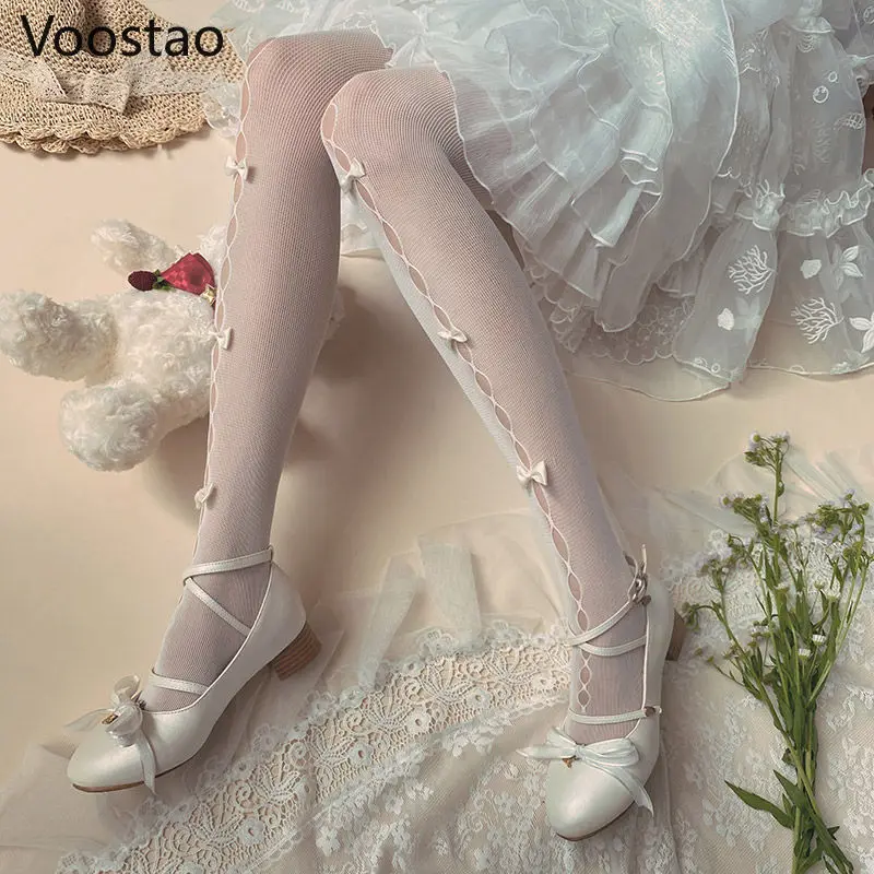女の子のための日本のロリータスタイルのタイツ,柔らかいリボン付きのかわいいレースのストッキング,カワイイスタイル,原宿jk
