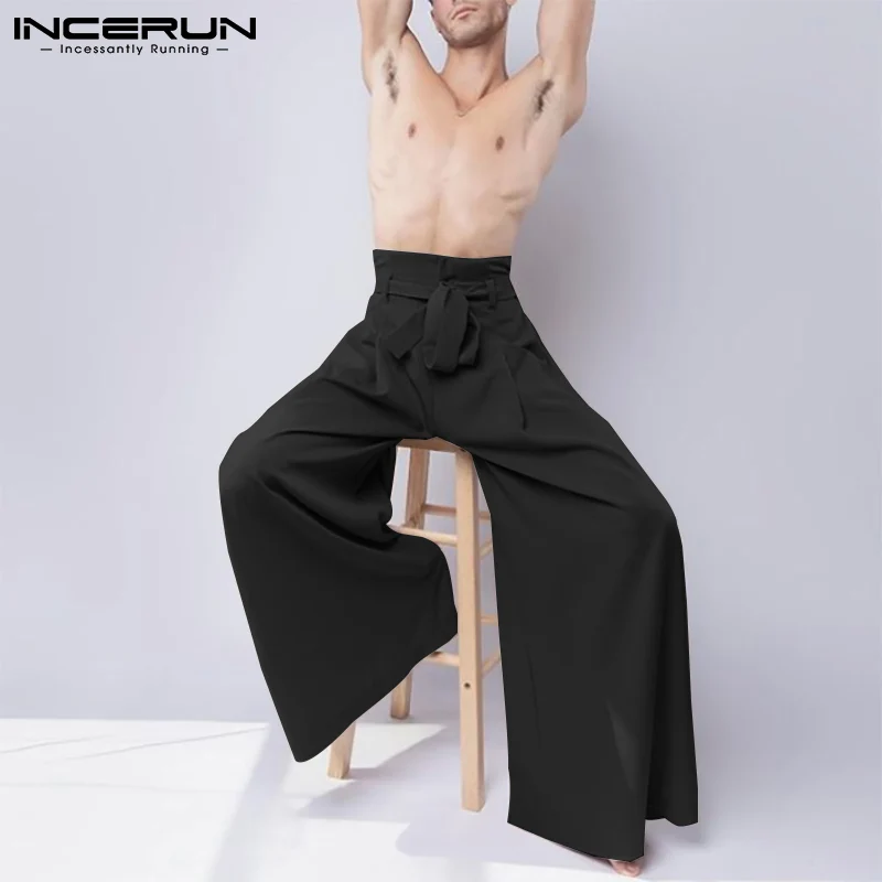 Men Casual Pants 2023 Joggers Lace Up Solid Color Wide Leg Trousers Streetwear Loose High Waist Leisure Pantalon Hombre INCERUN