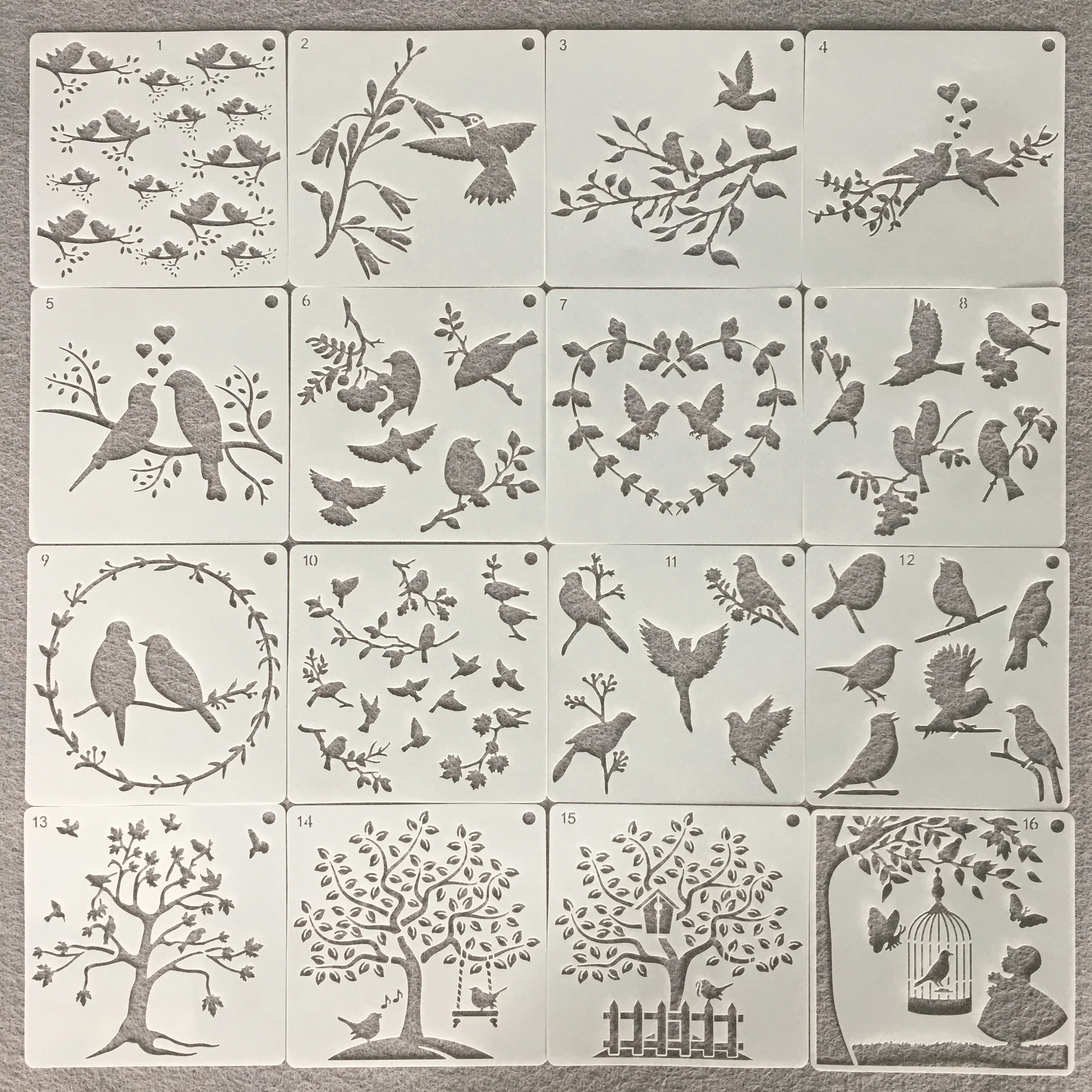 stencils com design passaros para faca voce mesmo 15cm stencils para pintura scrapbook coloracao gravacao modelo de album decorativo 16 pcs set 01