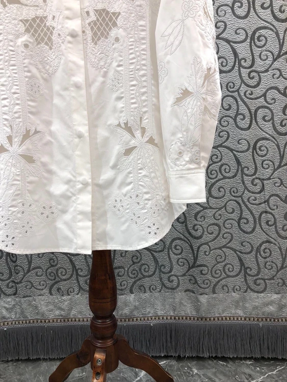 100%Cotton Shirts 2022 Spring Summer Designer Fashion Blouses Women Turn-down Collar Hollow Out Embroidery Casual White Shirts