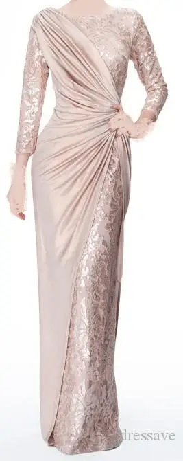 Pearl Pink Long Sleeves Mother of Bride Groom Dresses for Wedding Jewel Neck Elegant Floor Length Pleats Formal Evening Gowns