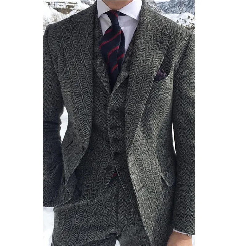 Grey Herringbone 3 Piece Mens Suits Vintage Business Suit Wool Suit Jacket Vest Pants Custom Wedding Tuxedos