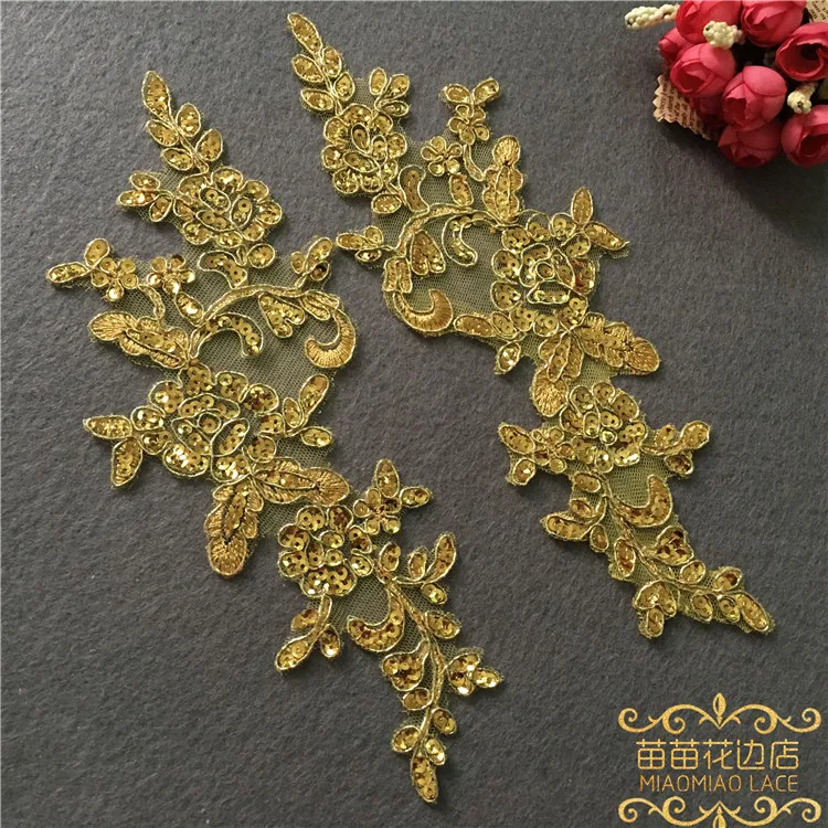 3Pairs/6Pcs Gold Glitter Lace Applique Flower Sequin Lace Fabric For Garment Wedding Accessories Cloth DIY Craft 22.5X8cm