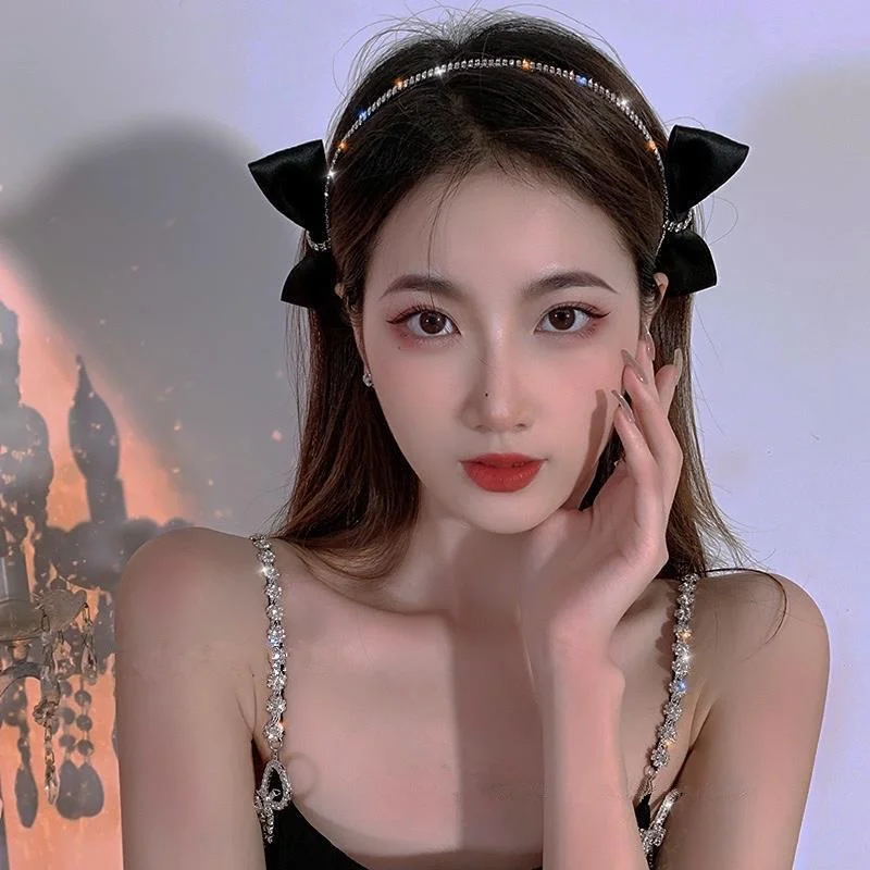 

Korean Luxury Shiny Rhinestone Black Double-sided Bow Headband Womans Temperament Chic Hair Band Hair Hoop Hair Accessories Gift