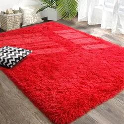 Tapis rouge Ultra doux et pelucheux, à poils longs, décoratif, moderne, en peluche, antidérapant, pour salon