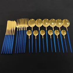 24Pcs Dinnerware Set Blue Gold Shiny Fork Spoon Knife Cutlery Stainless Steel Western Silverware For Kitchen Tableware Set