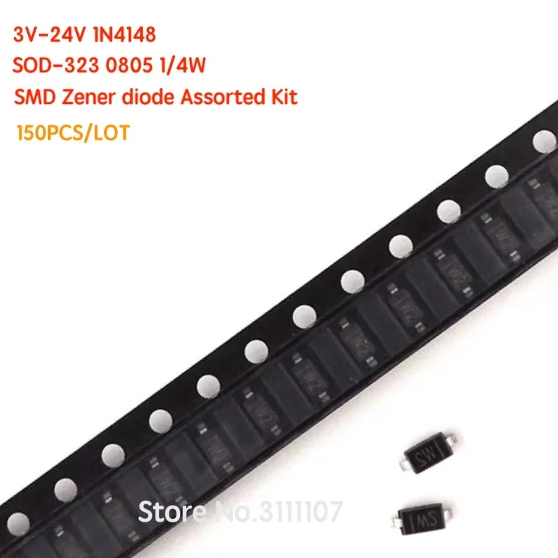 150PCS/LOT 1N4148 3V-24V SOD-323 0805 0.25W 1/4W SMD Zener diode Assorted Kit  Diode Set 15values * 10pcs =150pcs