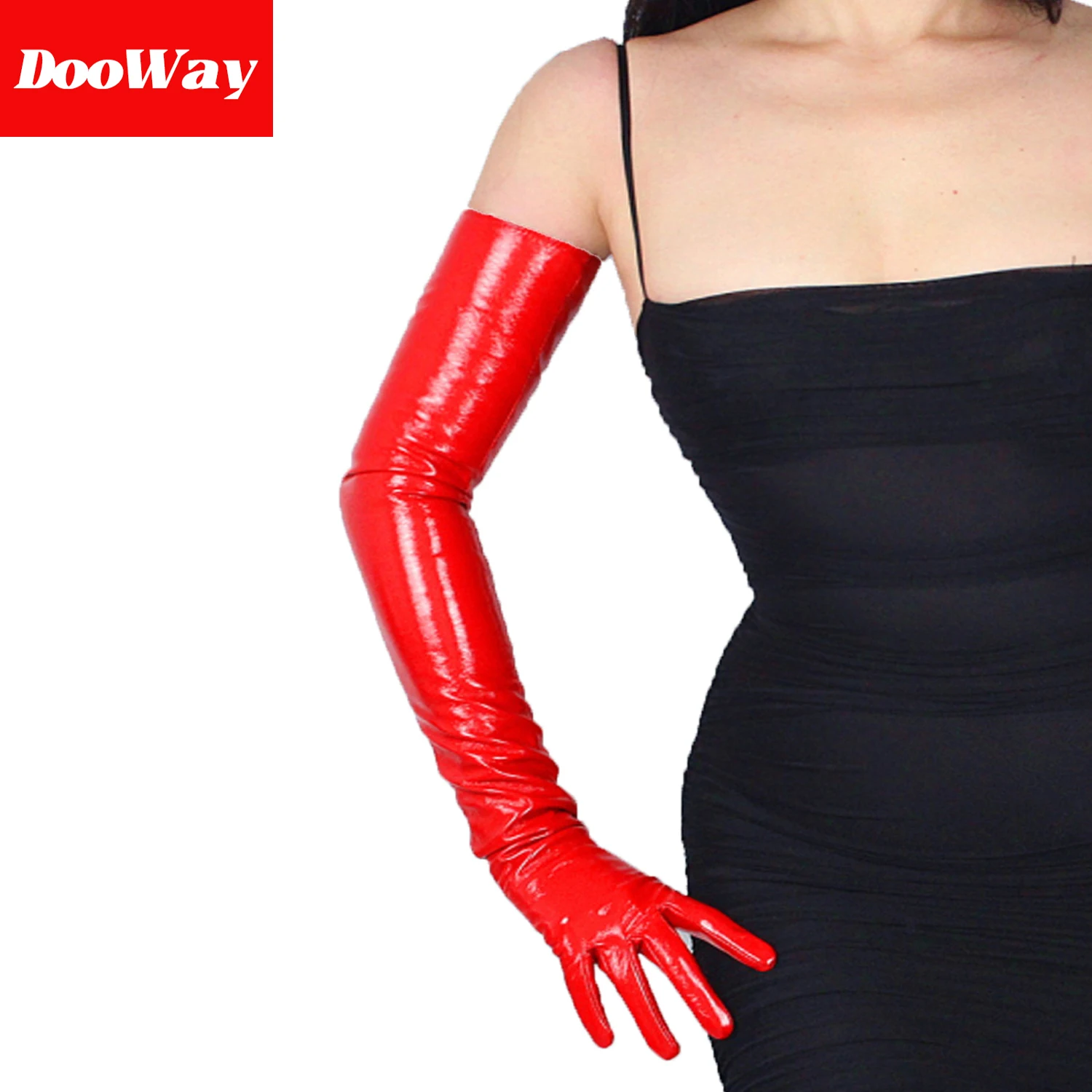 DooWay Sexy Women Shine Red Long Leather Gloves Faux Patent Leather Wet Look Cosplay Costume Wedding Party Lady Glove (Red70cm)