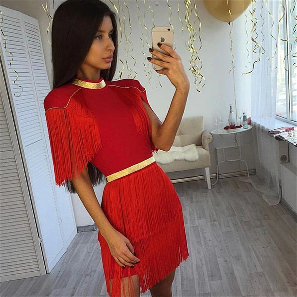 2021 letnia damska bandaż frędzel sukienka 3 kolory Mini Bodycon O Neck Party suknie wieczorowe odzież elegancka seksowna Casual