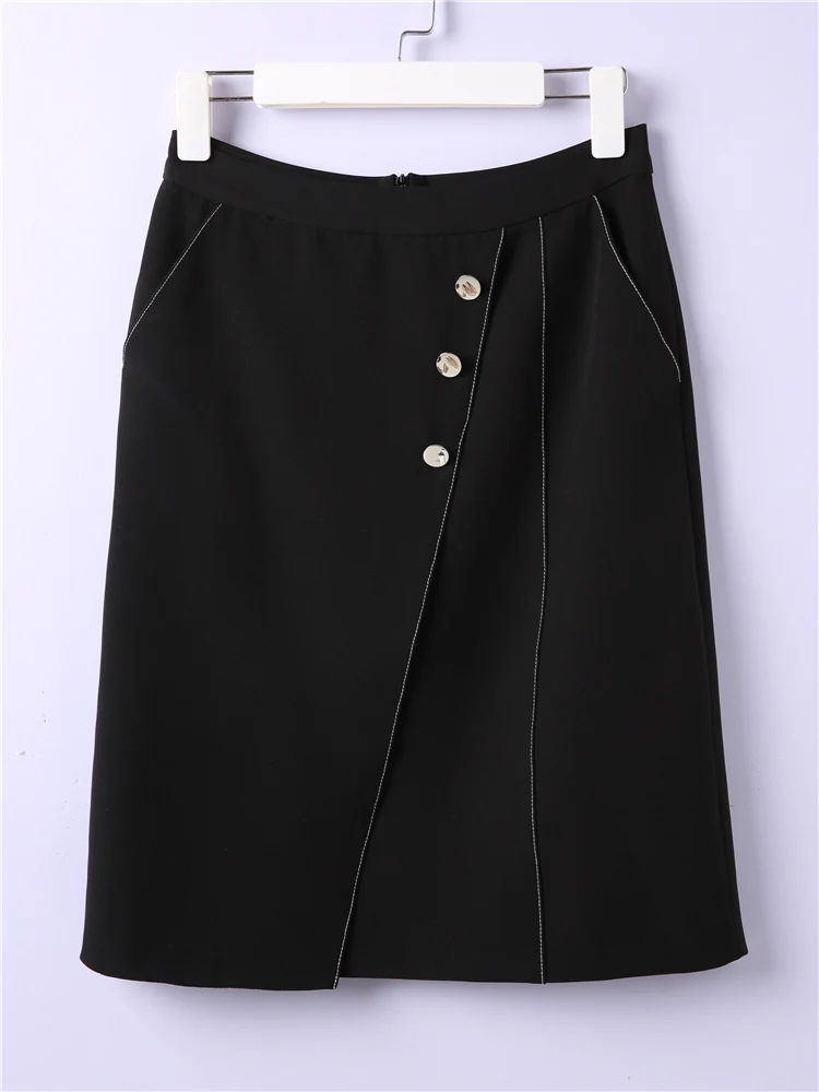 Fashion Summer 2022 Women Skirt Black High Waist Work Slim High Quality Poket Midi Skirt Open Fork Office Lady Skirts Female