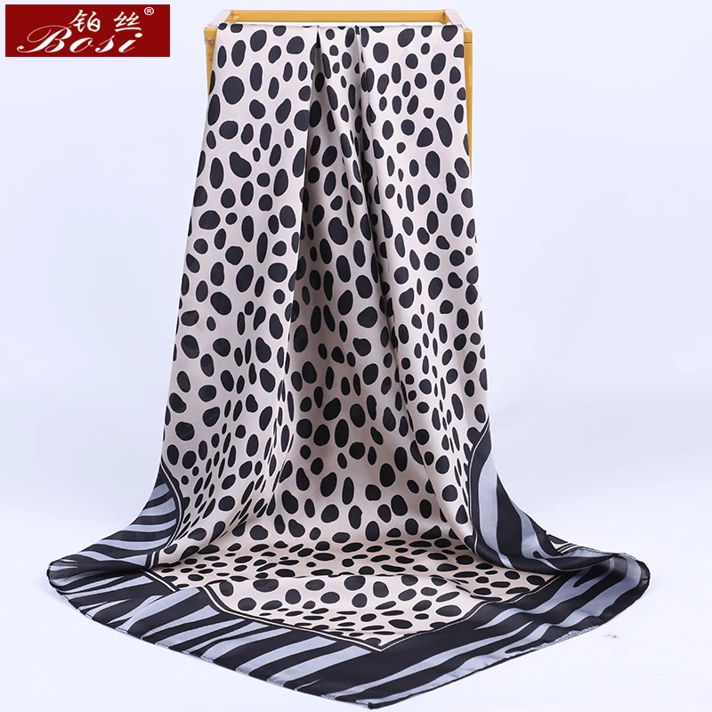 BOSI Fashion Silk Dot print Square Satin big 90*90cm hijab Chain Scarf for Women Leopard print Luxury Brand red Shawl Scarves