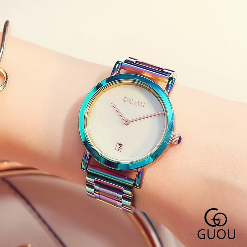 

Fashion Guou Luxury Women's Watches Stainless Steel Colorful Straps Purple Women Fashion Ladies Watch Reloj Mujer Zegarek Damski