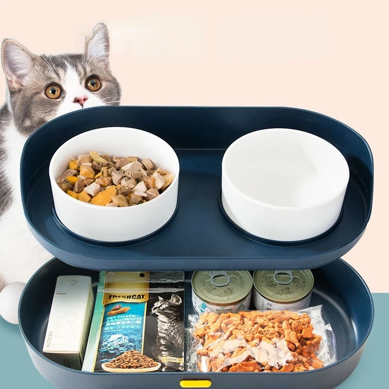 Cat Bowl Pet Water Food Feeding Double Bowls with Storage Multilayer Bowl for Dring Feeding Neck Protection Feeder