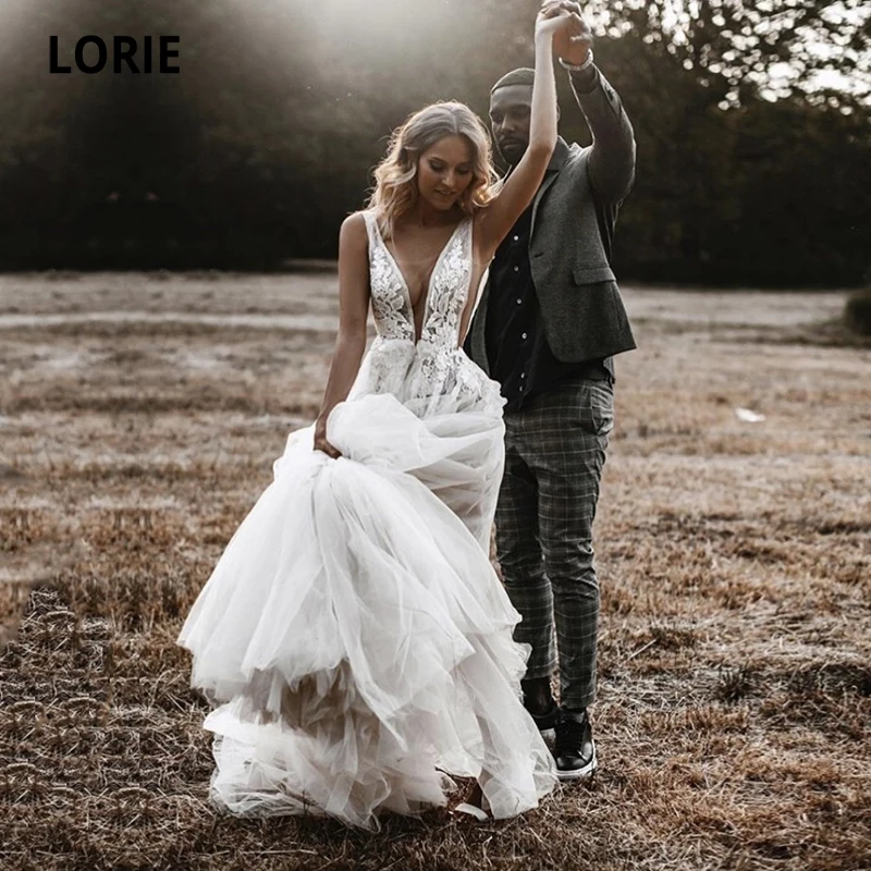 

LORIE Beach Wedding Dresses Boho V-Neck Appliques Lace Tulle Simply Wedding Gown Bohemian Bridal Dress 2021 suknie ślubne