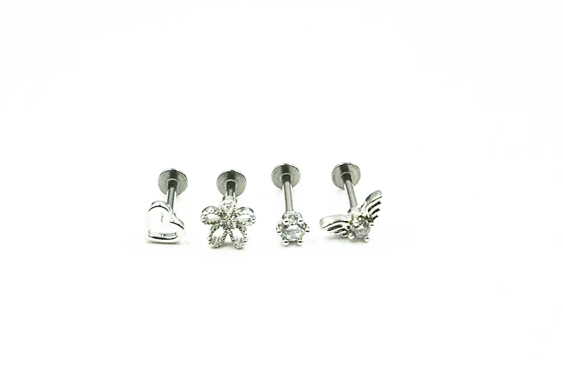 Free shippment LOT50pcs Body Jewelry Piercing -1.2X8MM Flowers Heart Shape Lip Labret Ring Ear Helix Bar Lip Piercing Sliver