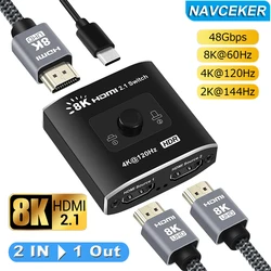 2026 Switcher HDMI 2.1-compatible 2 in 1 out Ultra 48Gbps 8K@60Hz 4K@120Hz Switch adapter With switch button For HDTV Projector