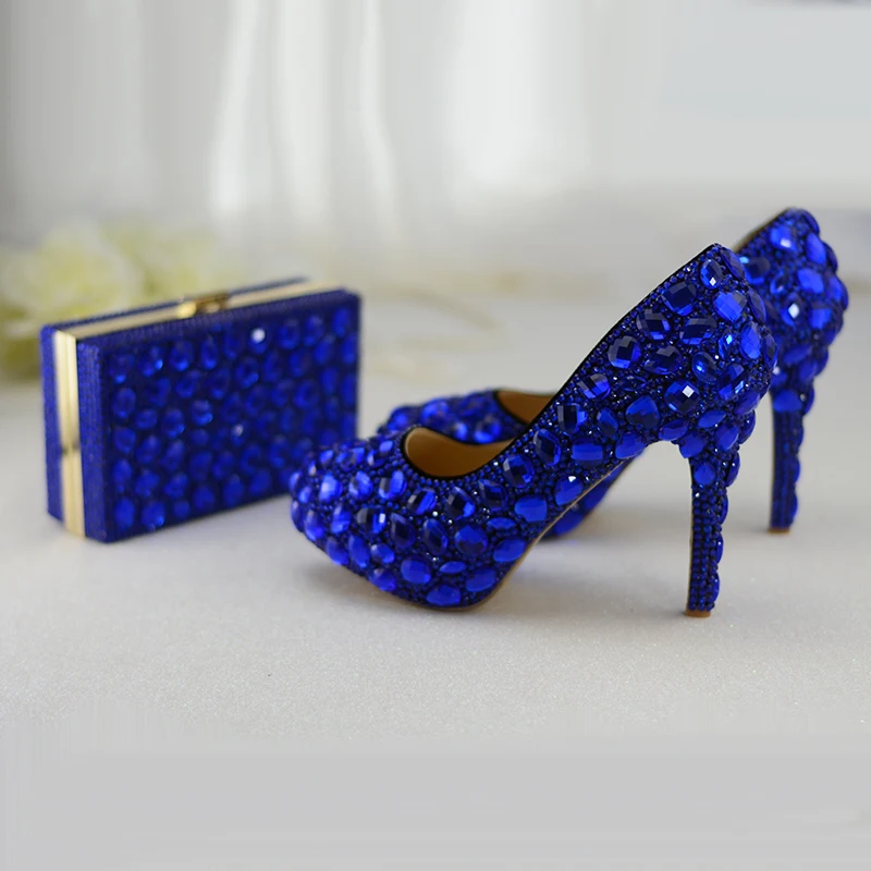 

Royal Blue crystal Wedding shoes and bags set woman Fashion High shoes women's Pumps Round Toe Platform shoes High Pumps