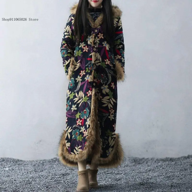 Vintage Cotton Padded Clothes Jaqueta Feminina Ethnic Style Winter Coat Fur Collar Long Dust Coat Windbreaker Cotton Linen