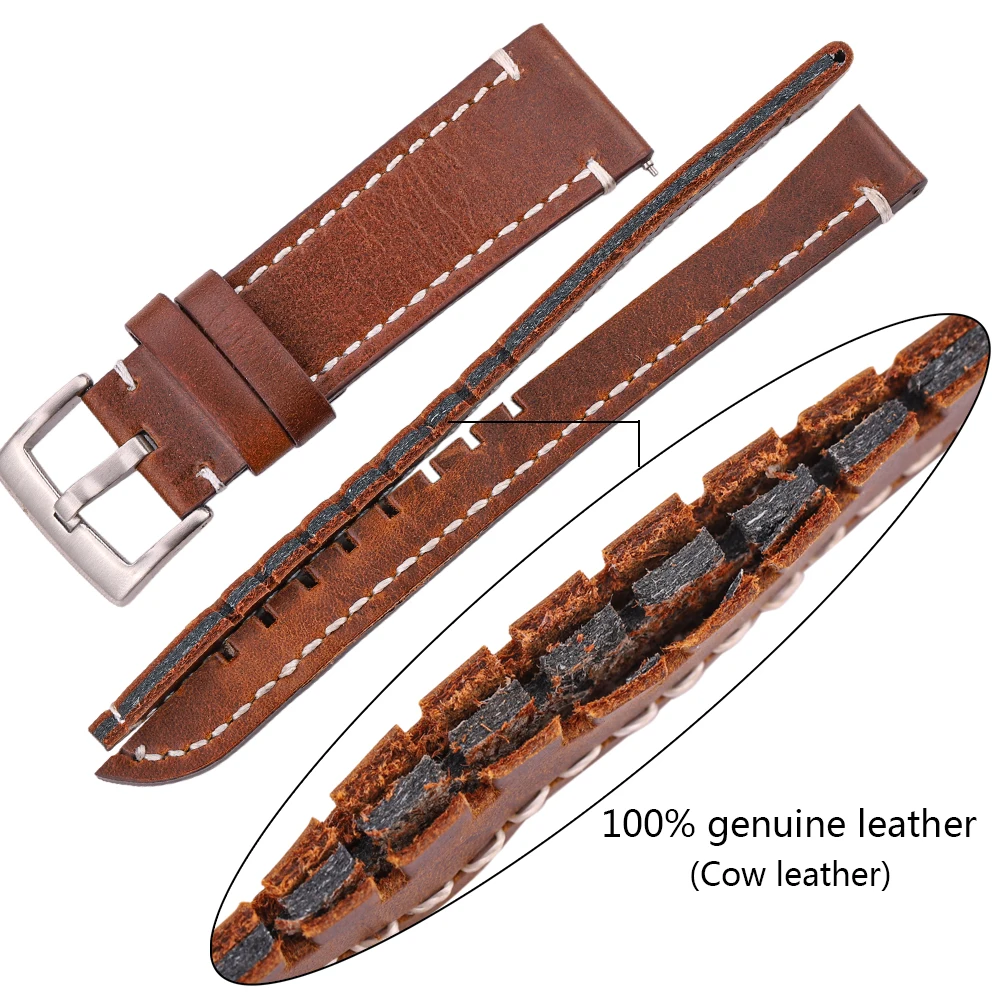 18mm 20mm 22mm Genuine Leather Watch Strap Belt Manual Men Thick Brown Black Watchbands Buckle Watches Accessories