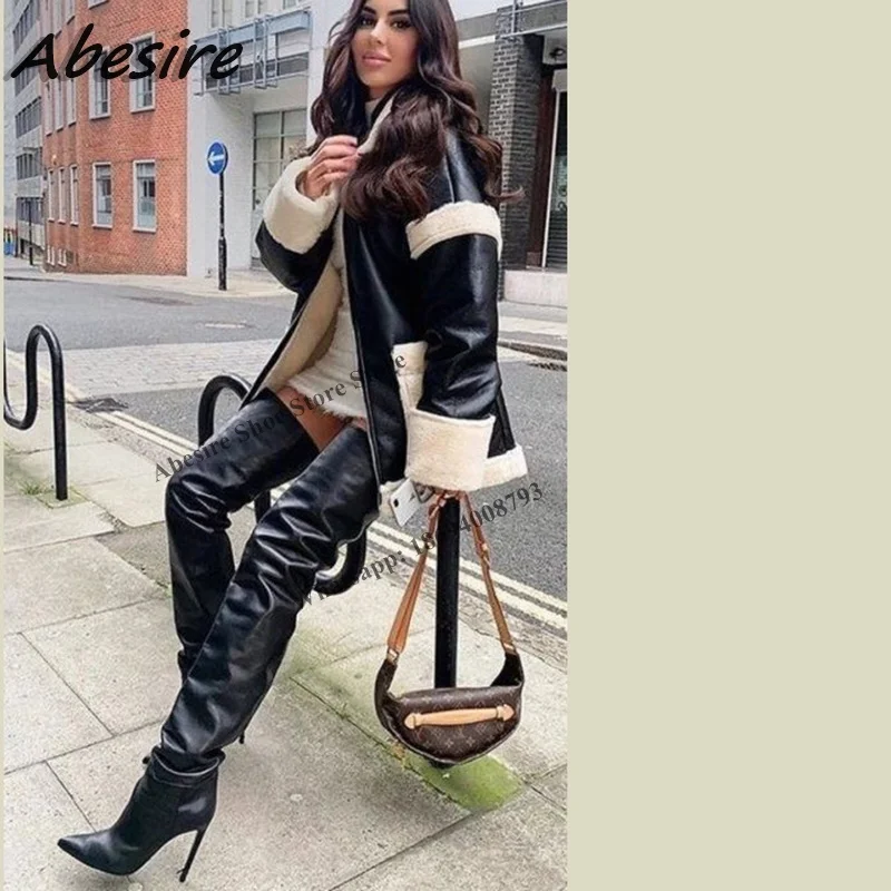 Abesire Long Boots Solid Pleated Black Leather Thin High Heel Pointed Toe Over The Knee New Autumn Winter Big Size Women Shoes