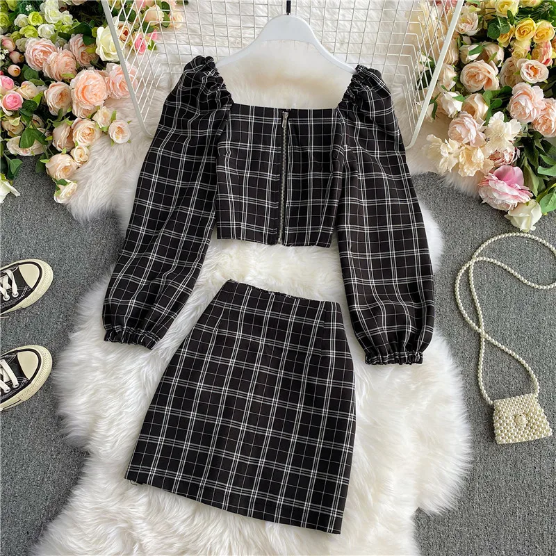 

Women Mini Skirt Set New Spring Square Collar Plaid Crop Tops+High Waist Mini Skirt 2Pcs Suits Fashion Girls Streetwear